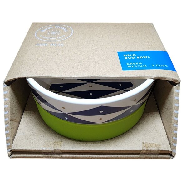 NIB Now House for Pets by Jonathan Adler Oslo Duo Dog Bowl Green Medium 3 Cups - Picture 1 of 5